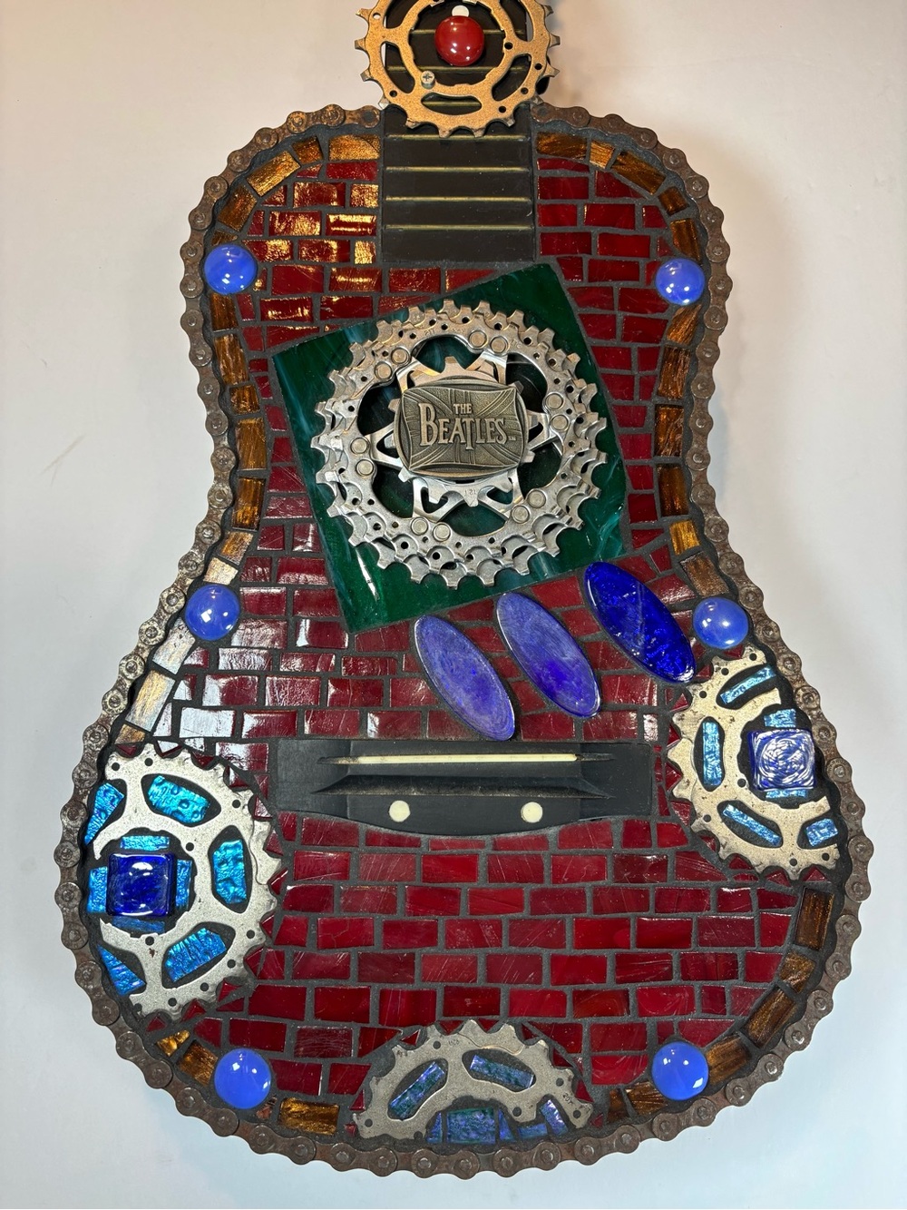 Ginhol Mosaics Handmade Custom Upcycled Art Piece Beatles Guitar Stain Glass HTF